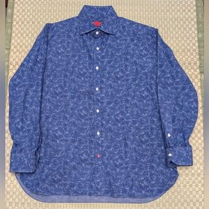 Isaia Slim Fit Floral Cotton Dress Shirt Blue Men's Size 17/43 Made in Italy